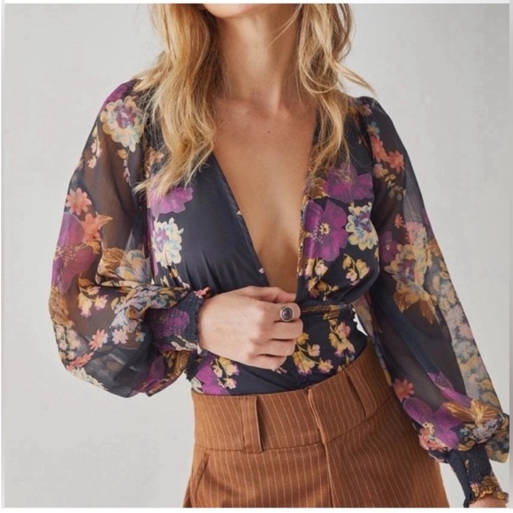 Free People Intimately Wanderlust Floral Sheer Sleeve Bodysuit Black - Picture 1 of 13